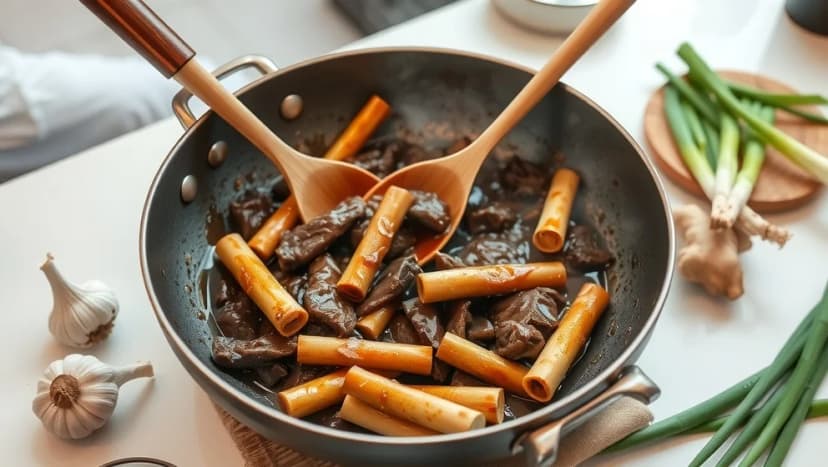 Biff med bambuskott som på restaurang